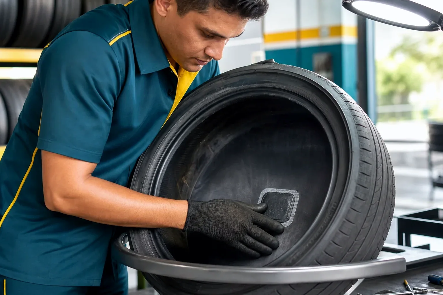 Mecânico consertando pneu em borracharia com ferramentas especializadas.