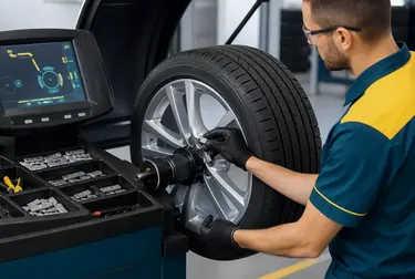 Profissional balanceando rodas de veículo na borracharia.