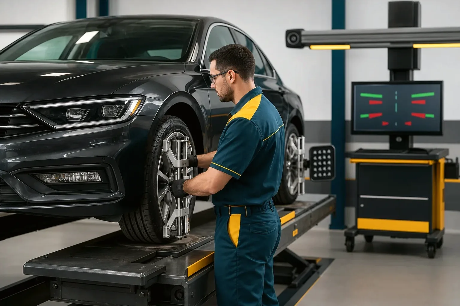 Técnico realizando alinhamento de rodas em veículo.