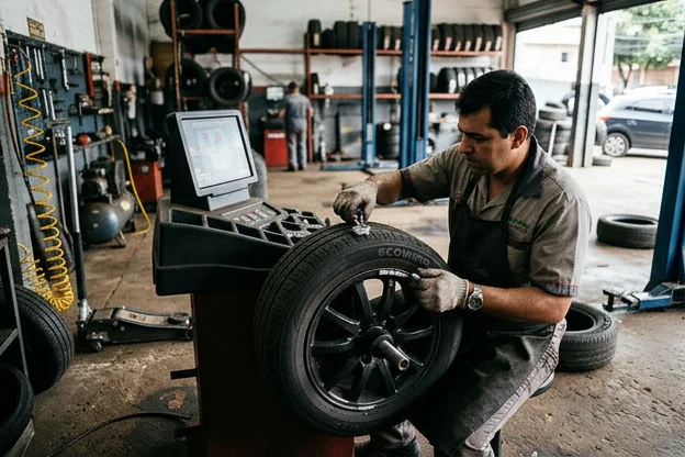 Técnico realizando balanceamento de rodas em Santa Luzia.