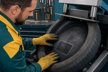 Técnico vulcanizando pneu usando equipamentos especializados.
