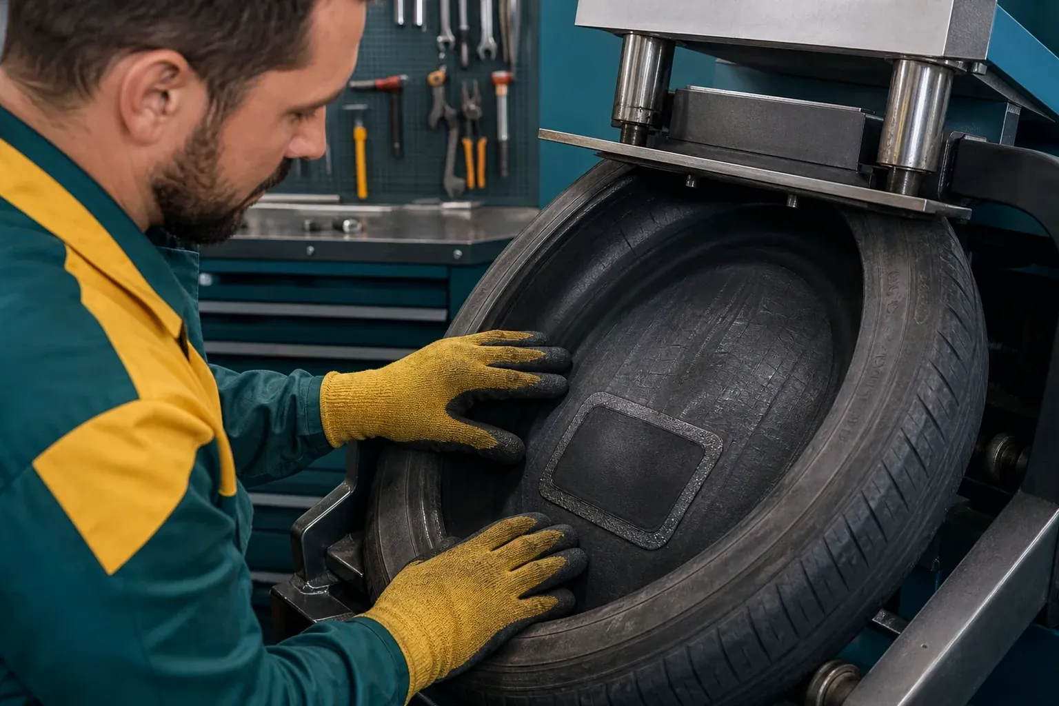 Técnico vulcanizando pneu usando equipamentos especializados.