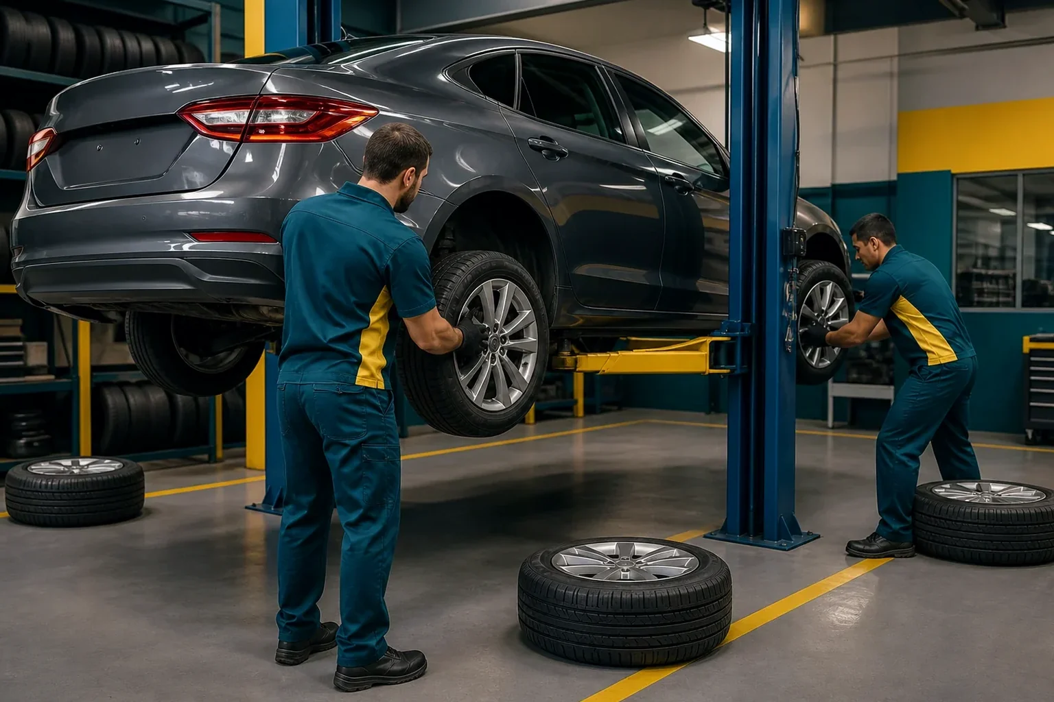 Trabalhadores realizando rodízio de pneus em veículo.